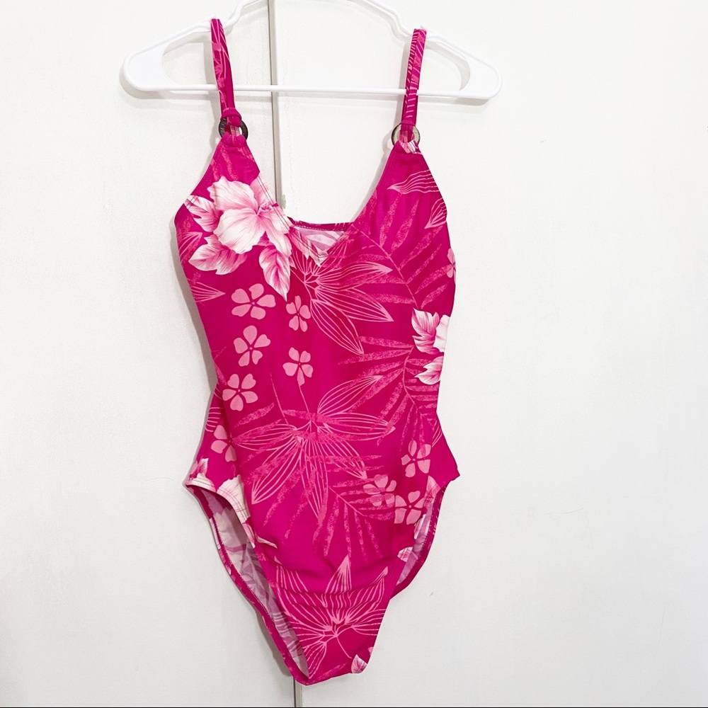 Tropical print double strap ring detail one piece swimsuit. Pink. No tag…